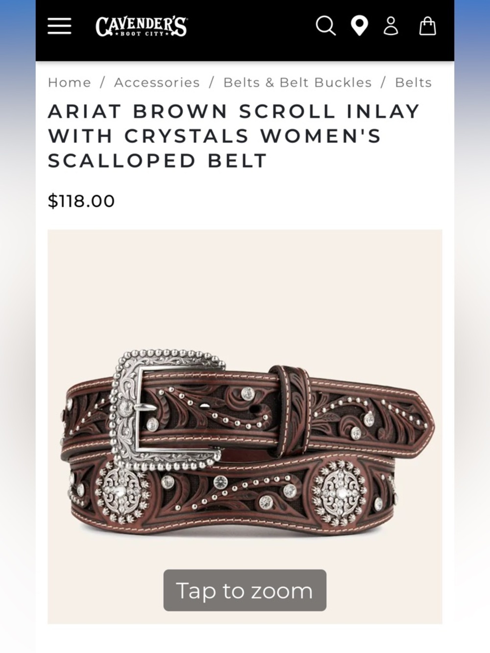 Small Ariat Brown Leather Scalloped Scroll Belt with Crystal Conchos